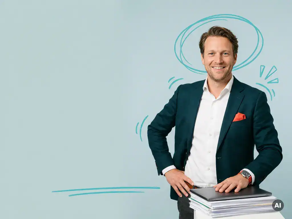 Vriendelijke Nederlandse mkb-ondernemer naast documenten of laptop, in lichte studio voor payrollcampagne met veel witruimte