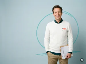 Zelfverzekerde mkb-ondernemer met documenten in studio, payroll en employer branding, met lege ruimte links
