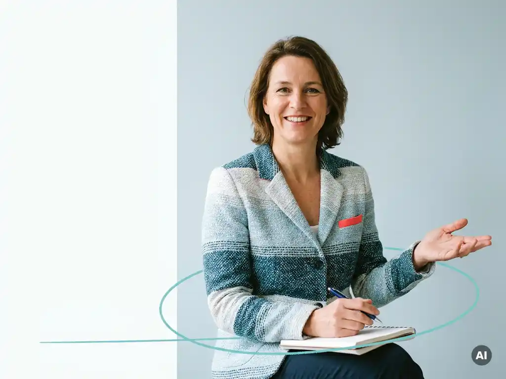 Nederlandse mkb-ondernemer met notitieblok glimlacht open in studio, symbool voor feedbackcultuur en payroll