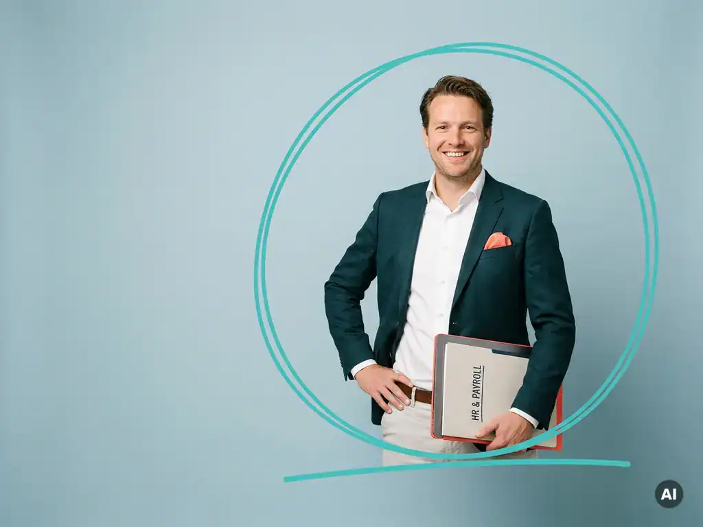 Nederlandse mkb-ondernemer met laptopmap, glimlachend in studio, met ruimte links voor HR en payroll communicatie