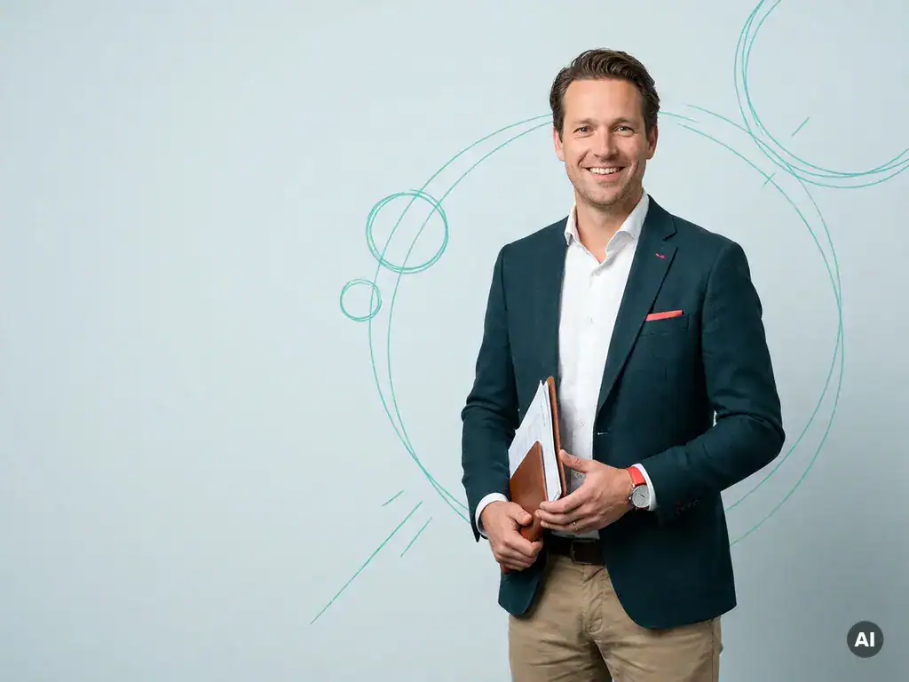 Nederlandse mkb-ondernemer met payroll-documenten in moderne studio, vriendelijk en professioneel met veel lege ruimte