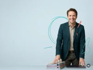 Zelfverzekerde mkb-ondernemer met personeelsmappen en laptop in studio, voor payroll en personeelsbeleid