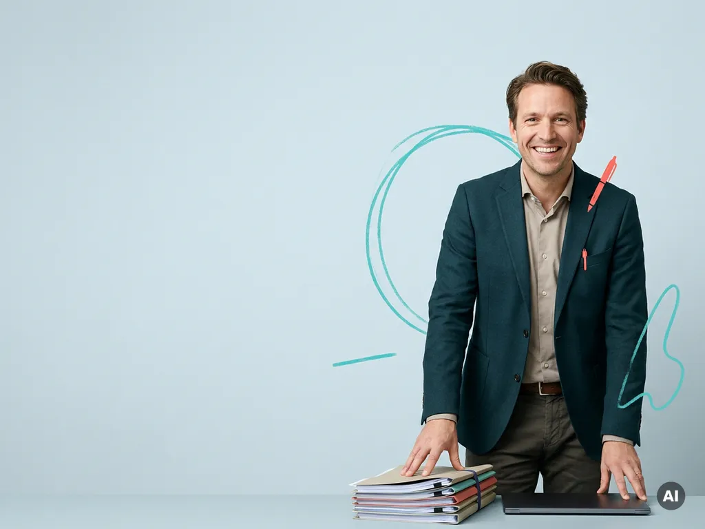 Zelfverzekerde mkb-ondernemer met personeelsmappen en laptop in studio, voor payroll en personeelsbeleid