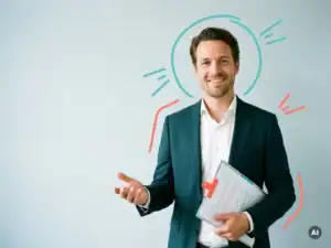 Vriendelijke Nederlandse mkb-ondernemer met documentenmap, glimlachend in studio, verwijzing naar payroll en betaling