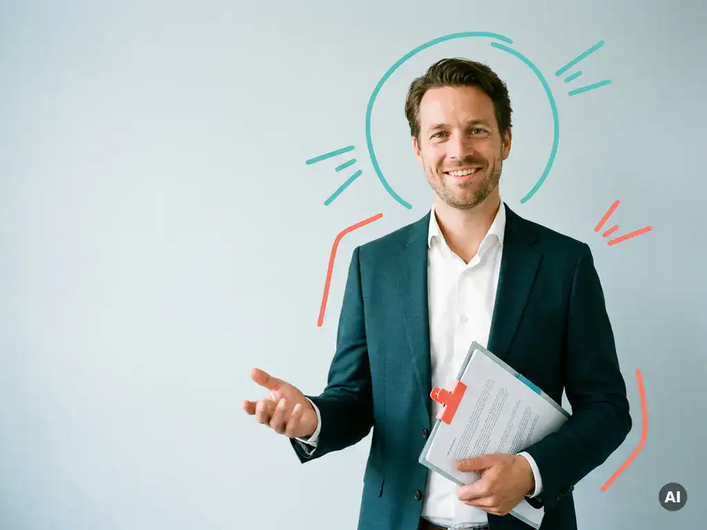 Vriendelijke Nederlandse mkb-ondernemer met documentenmap, glimlachend in studio, verwijzing naar payroll en betaling