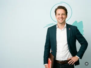 Zelfverzekerde mkb-ondernemer met laptopmap in studio, payroll campagnebeeld met rustige blauwgrijze achtergrond
