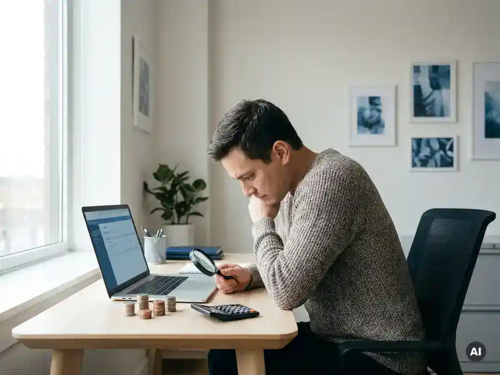 Kleine ondernemer aan bureau bekijkt stapel munten naast laptop en rekenmachine in modern kantoor, payroll online.