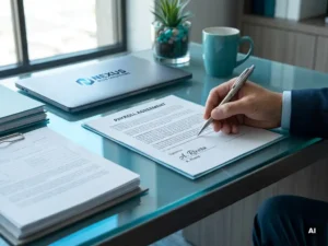 Salarisovereenkomst op bureau, hand met pen boven handtekening, laptop en dossiers in modern kantoor met blauwgroene tinten