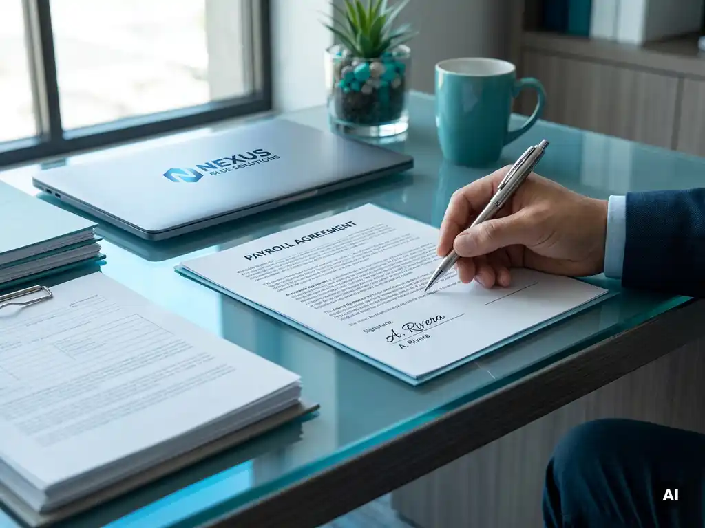 Salarisovereenkomst op bureau, hand met pen boven handtekening, laptop en dossiers in modern kantoor met blauwgroene tinten