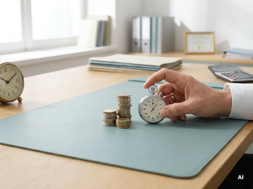 Stapel munten naast stopwatch en bureauklok op payroll-bureau, hand voegt munt toe als symbool voor overuren.