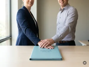 Payrollprofessional en medewerker met handen op tealblauwe map in modern kantoor, symbool voor samenwerking en HR-support
