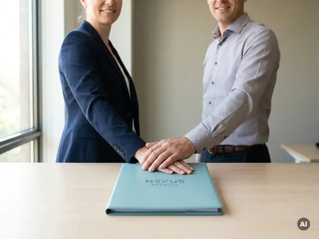 Payrollprofessional en medewerker met handen op tealblauwe map in modern kantoor, symbool voor samenwerking en HR-support