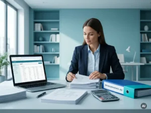 Payrollmedewerker ordent personeelsadministratie aan modern bureau met laptop, documenten en rekenmachine in rustig kantoor