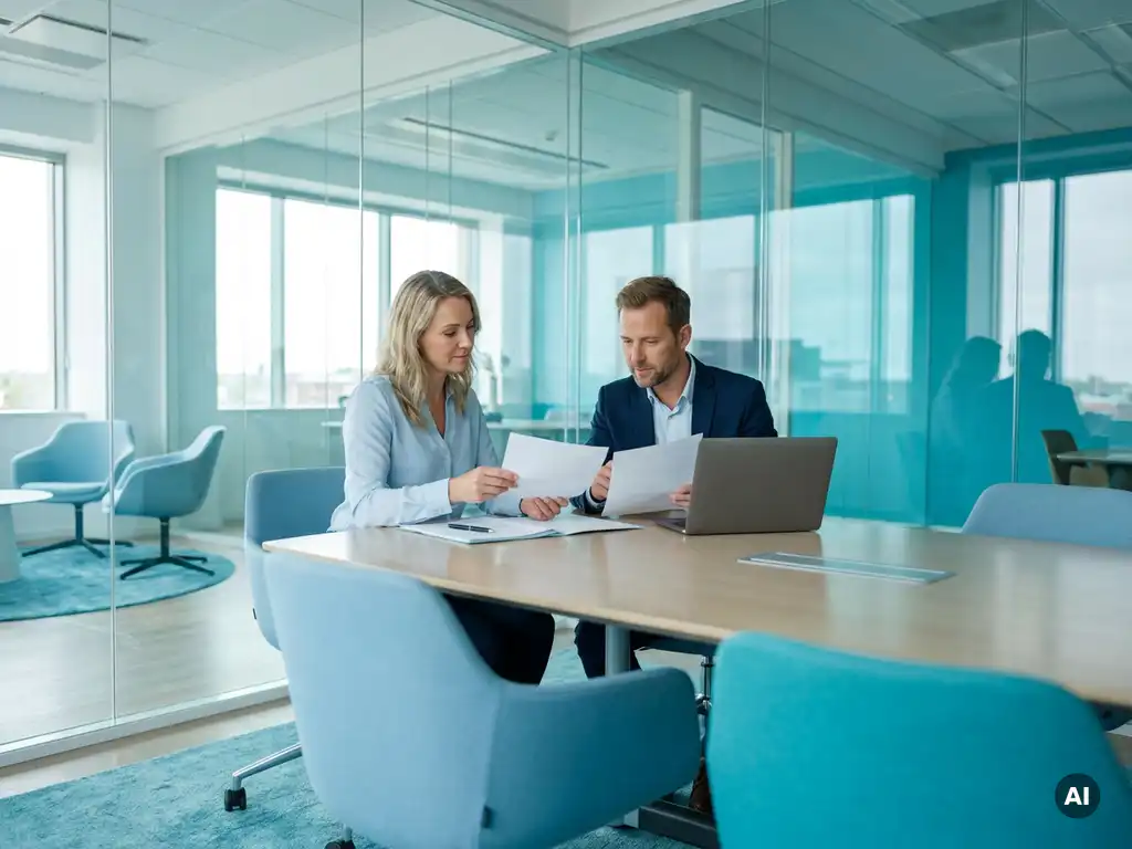 HR-medewerker en ondernemer bekijken arbeidscontract en personeelsmap aan vergadertafel in modern payroll-kantoor.