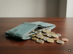Open leren portemonnee in payroll-online blauw met uitrollende munten op bureau, symbool voor verborgen kosten