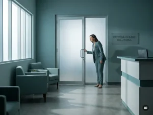 Payrollprofessional aarzelt bij halfopen glazen kantoordeur in modern blauwgroen kantoor, met koele daglichtspanning