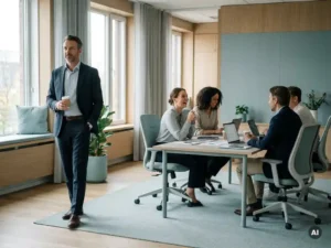 Twee professionals op kantoor: een zelfstandig specialist naast een werkplek en een collega in teamoverleg aan tafel.