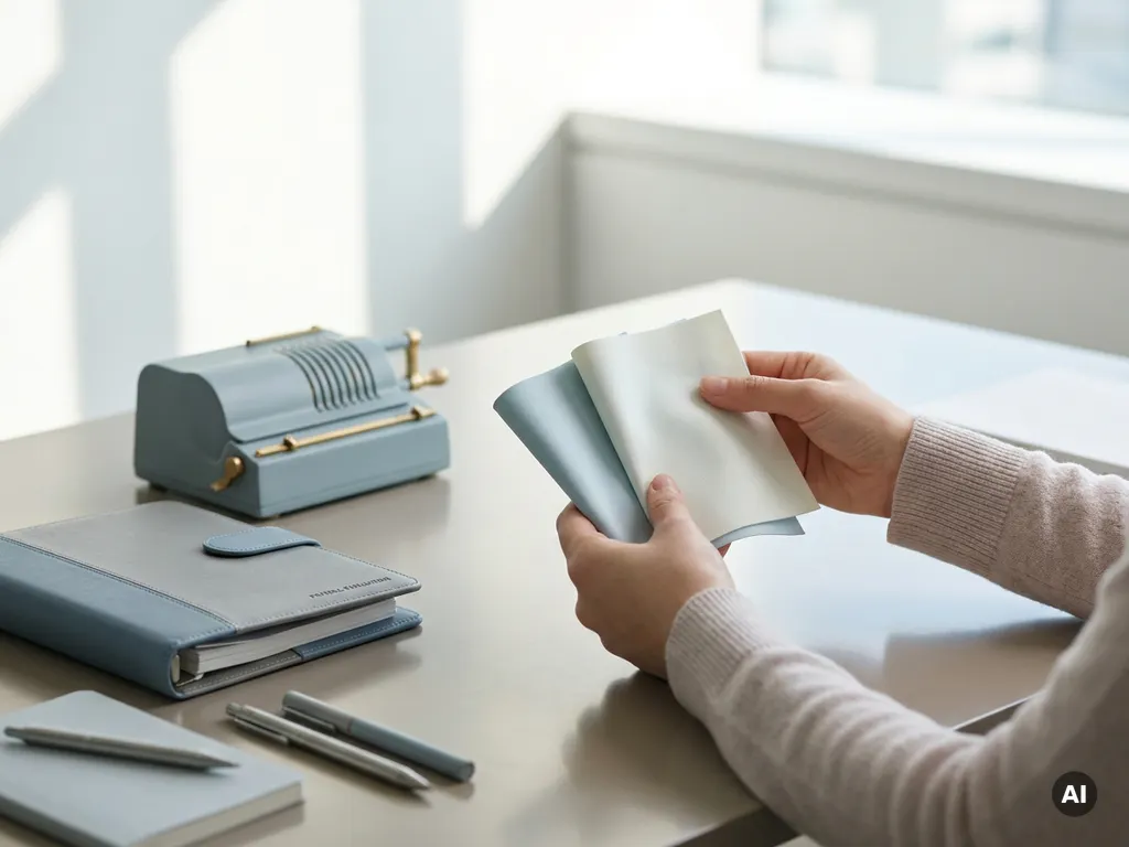 Handen vergelijken stofstalen naast calculator en organizer op modern bureau, als keuzehulp voor payroll providers.