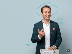Nederlandse payroll recruiter met map en open glimlach in studio, met lege ruimte links en turquoise accenten