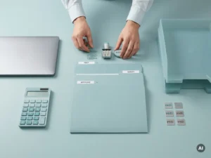 Handen ordenen payroll-items op een bureau met calculator, laptop en mappen in een minimalistische kantooromgeving.