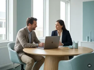 Zelfstandige professional en payrollmedewerker overleggen aan tafel met laptop in modern kantoor met zacht daglicht.