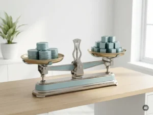 Mechanische weegschaal met payrolltokens en metalen kubussen op modern bureau in minimalistisch kantoor.