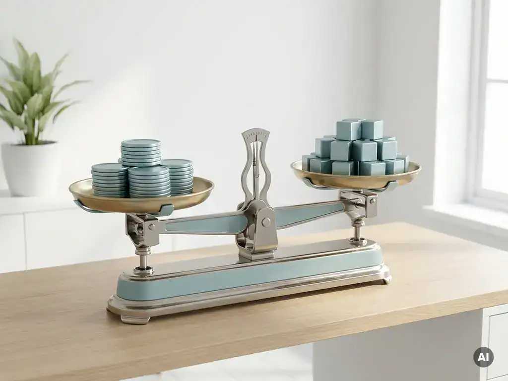 Mechanische weegschaal met payrolltokens en metalen kubussen op modern bureau in minimalistisch kantoor.