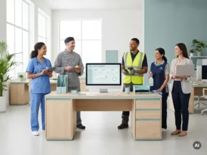 Diverse werknemers rond een payroll-balie in modern kantoor: zorg, horeca, magazijn, schoonmaak en office.