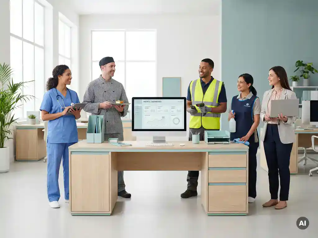 Diverse werknemers rond een payroll-balie in modern kantoor: zorg, horeca, magazijn, schoonmaak en office.