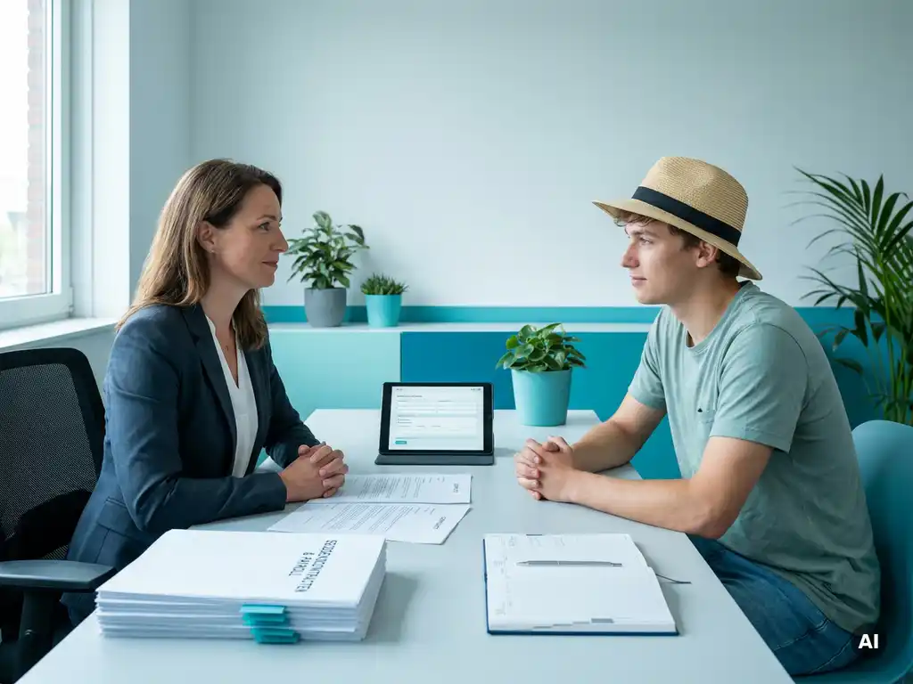 Zelfverzekerde HR-medewerker en seizoenswerker bespreken contract aan balie in professioneel payrollkantoor.