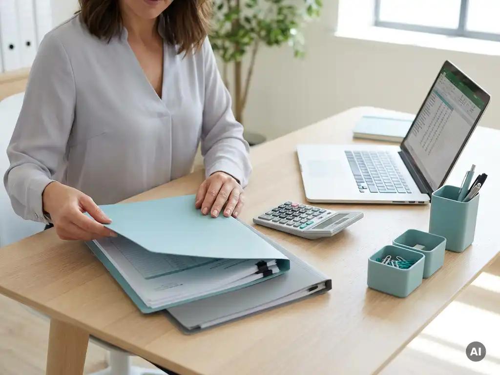 Payrollspecialist ordent kleurgecodeerde mappen naast calculator en laptop op een minimalistisch bureau in modern kantoor