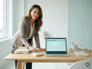 Zelfverzekerde payrollspecialist aan minimalistisch bureau met laptop, calculator en ordners in zacht daglicht.