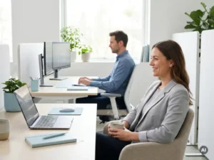 Zelfverzekerde ondernemer in moderne werkruimte, terwijl payrollspecialist op de achtergrond werkt bij ochtendlicht
