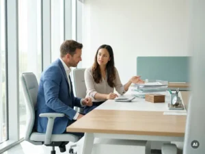 Werkgever en payrollspecialist bespreken payroll aan modern bureau in lichte kantoorruimte met Payroll-Online accenten