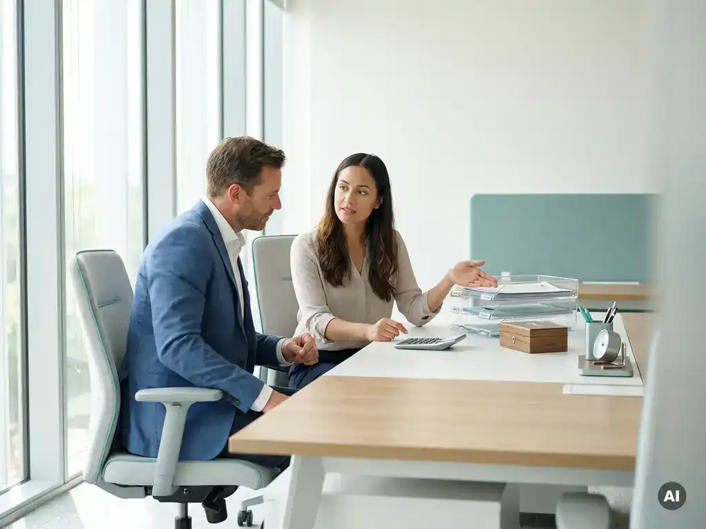 Werkgever en payrollspecialist bespreken payroll aan modern bureau in lichte kantoorruimte met Payroll-Online accenten
