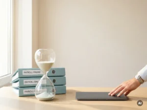 Elegante zandloper naast tealblauwe payroll-mappen op modern bureau, hand zet laptop neer in lichte werkruimte