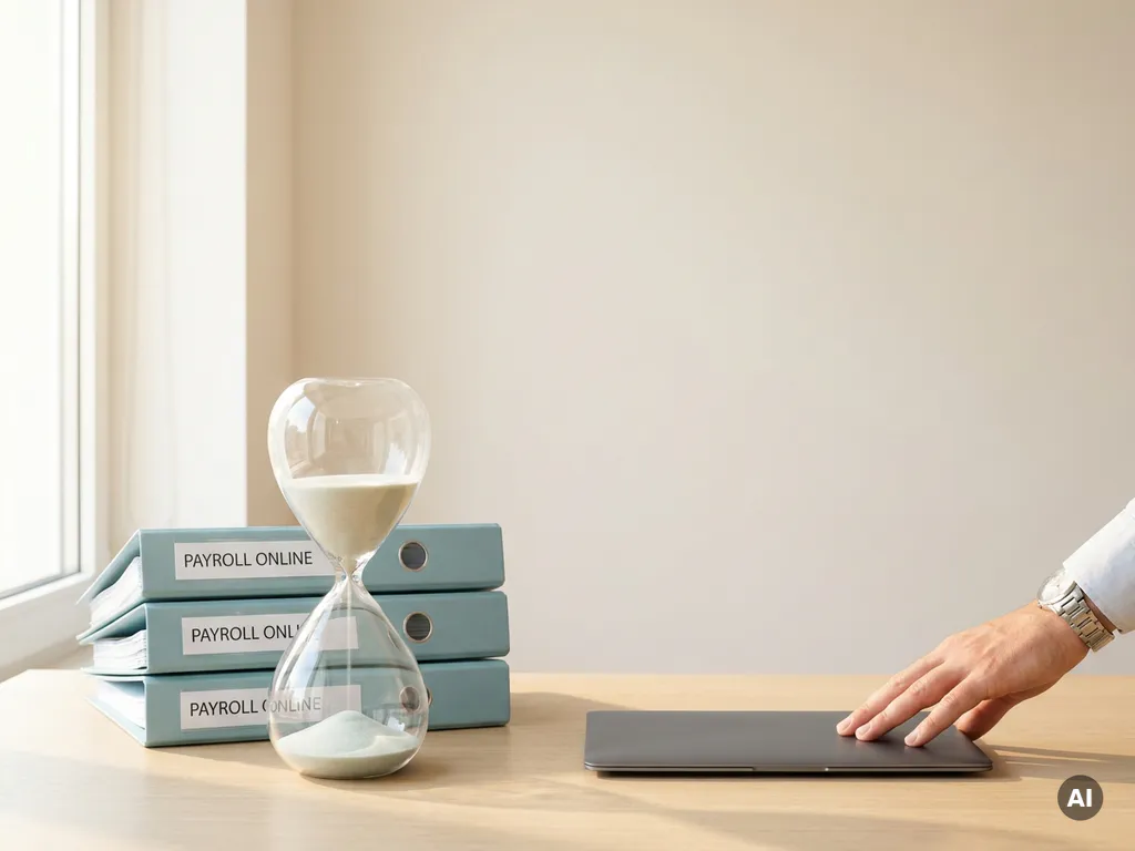 Elegante zandloper naast tealblauwe payroll-mappen op modern bureau, hand zet laptop neer in lichte werkruimte