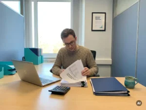 Payrollspecialist bekijkt salarisdocumenten aan bureau met laptop en calculator in modern kantoor voor uitbestede payroll