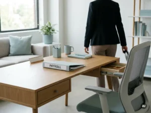 Payroll-map op opgeruimd bureau in modern kantoor, medewerker schuift stoel weg; subtiele uitdiensttreding.