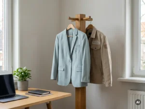 Twee werkjassen aan houten kapstok in rustig kantoor, als metafoor voor payroll en uitzendbureau.