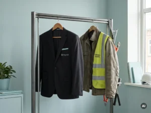Twee werkjassen aan garderobestandaard: nette payrolljas en praktische uitzendjas met veiligheidsvest in kantooromgeving