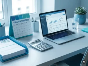 Payrollbureau met verlofkalender, aanvraagformulieren, calculator en laptop in een nette, moderne kantooromgeving.