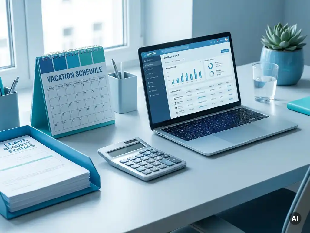 Payrollbureau met verlofkalender, aanvraagformulieren, calculator en laptop in een nette, moderne kantooromgeving.