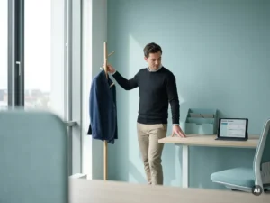 Werknemer in rustige kantoorruimte raakt colbert aan bij kapstok, naast bureau, symbool voor payroll en loondienst.