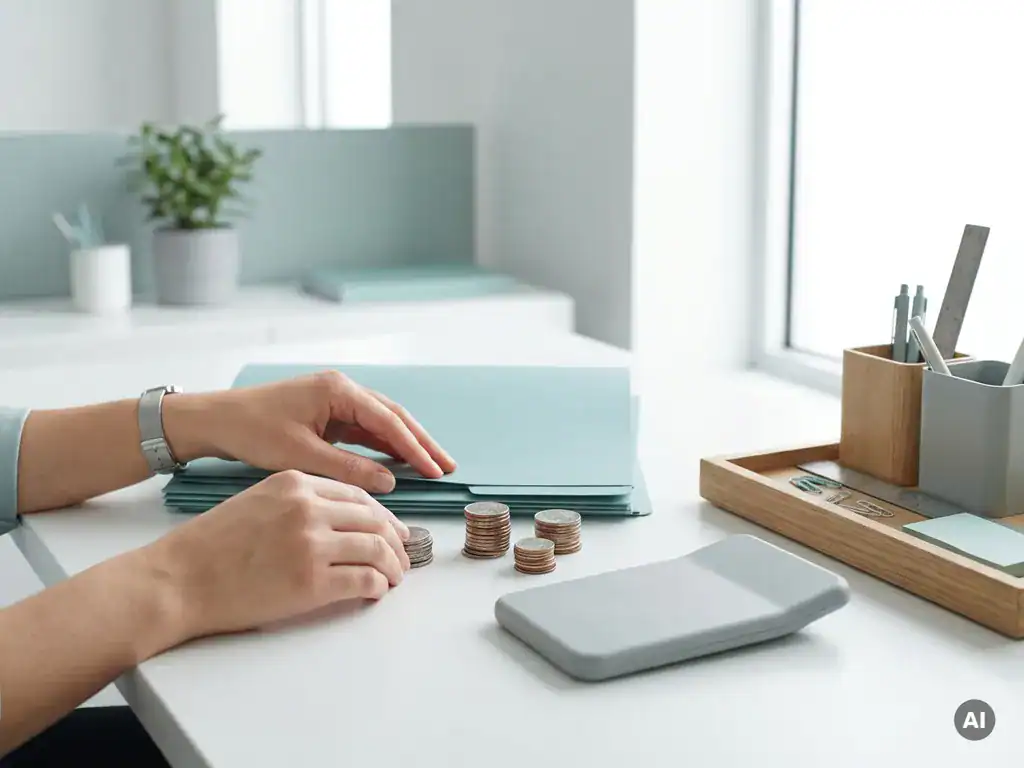 Handen ordenen teal loonmappen en munten op een nette payroll-werkplek met calculator, symbool voor salarisadministratie