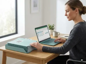 Payrollmedewerker vergelijkt papieren dossiers en laptop aan een nette bureau in een moderne, rustige kantoorruimte.