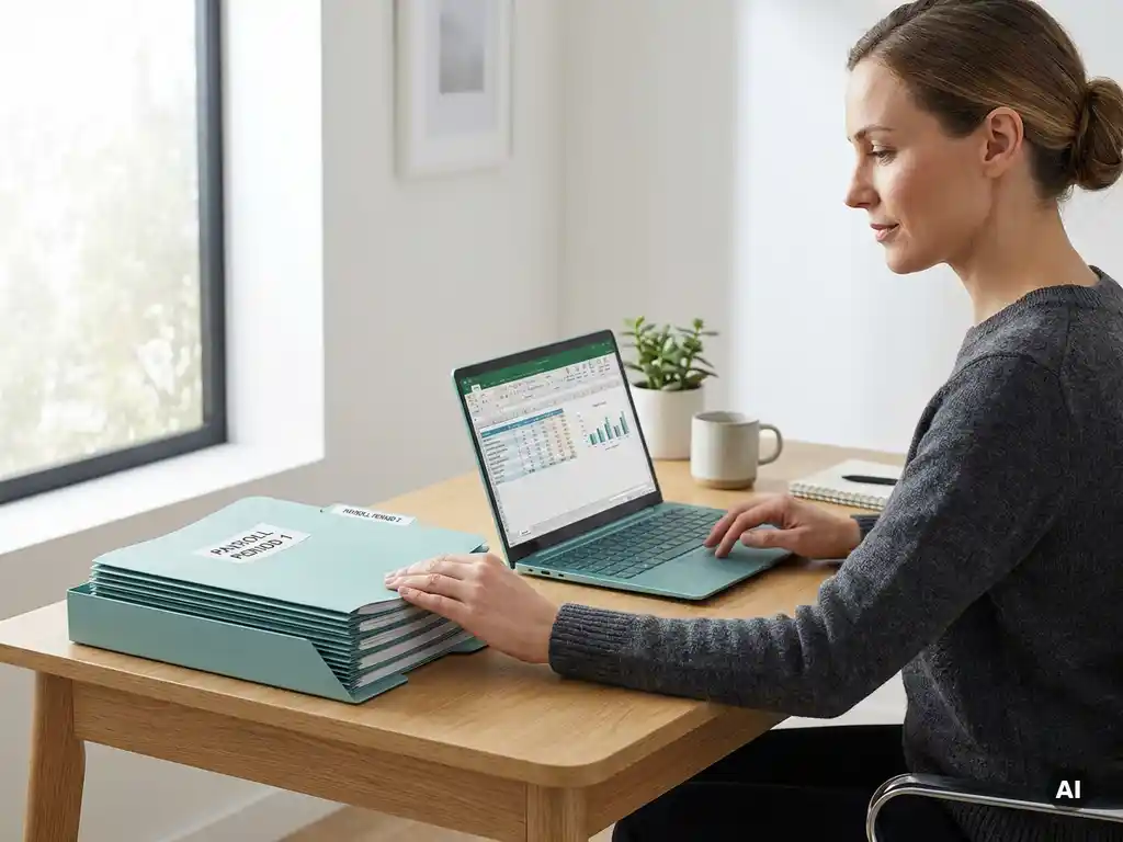 Payrollmedewerker vergelijkt papieren dossiers en laptop aan een nette bureau in een moderne, rustige kantoorruimte.