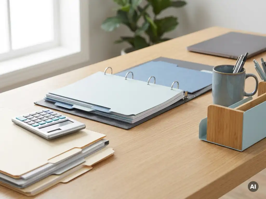 Open payroll ringband met tabbladen op modern bureau, naast calculator, mappen en mok in rustig daglicht.