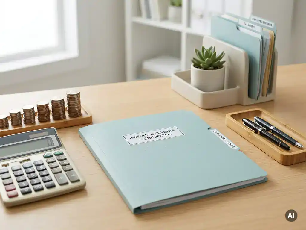 Blauwgroene payrollmap op een nette bureauopstelling met rekenmachine, muntstapels en pennenbakje in daglicht.