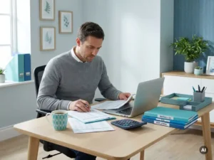 Kleine ondernemer verwerkt salarisdocumenten aan een opgeruimd bureau met laptop en rekenmachine in modern kantoor.